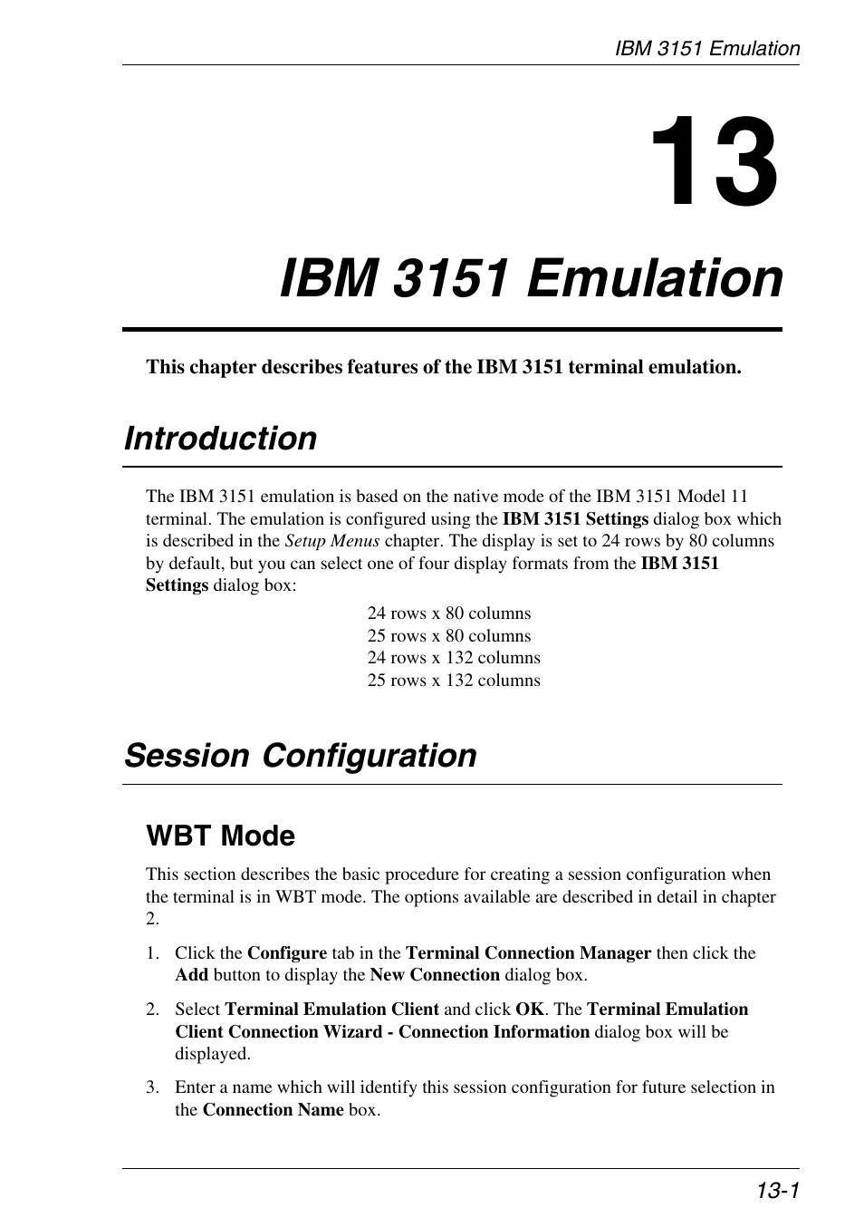 Ibm 3151 emulation, Introduction, Session configuration | Wbt mode, Ibm 3151 emulation -1, Introduction -1, Session configuration -1, Wbt mode -1 | HP Neoware e140 Thin Client User Manual | Page 257 / 484