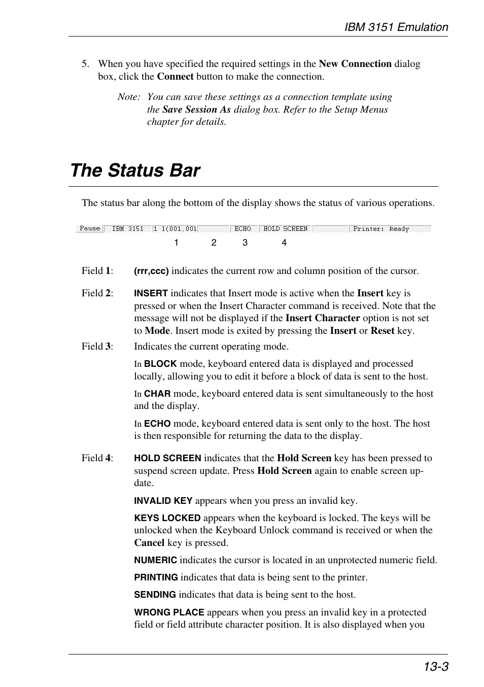 The status bar, Ibm 3151 emulation, Status bar | The status bar -3 | HP Neoware e140 Thin Client User Manual | Page 259 / 484