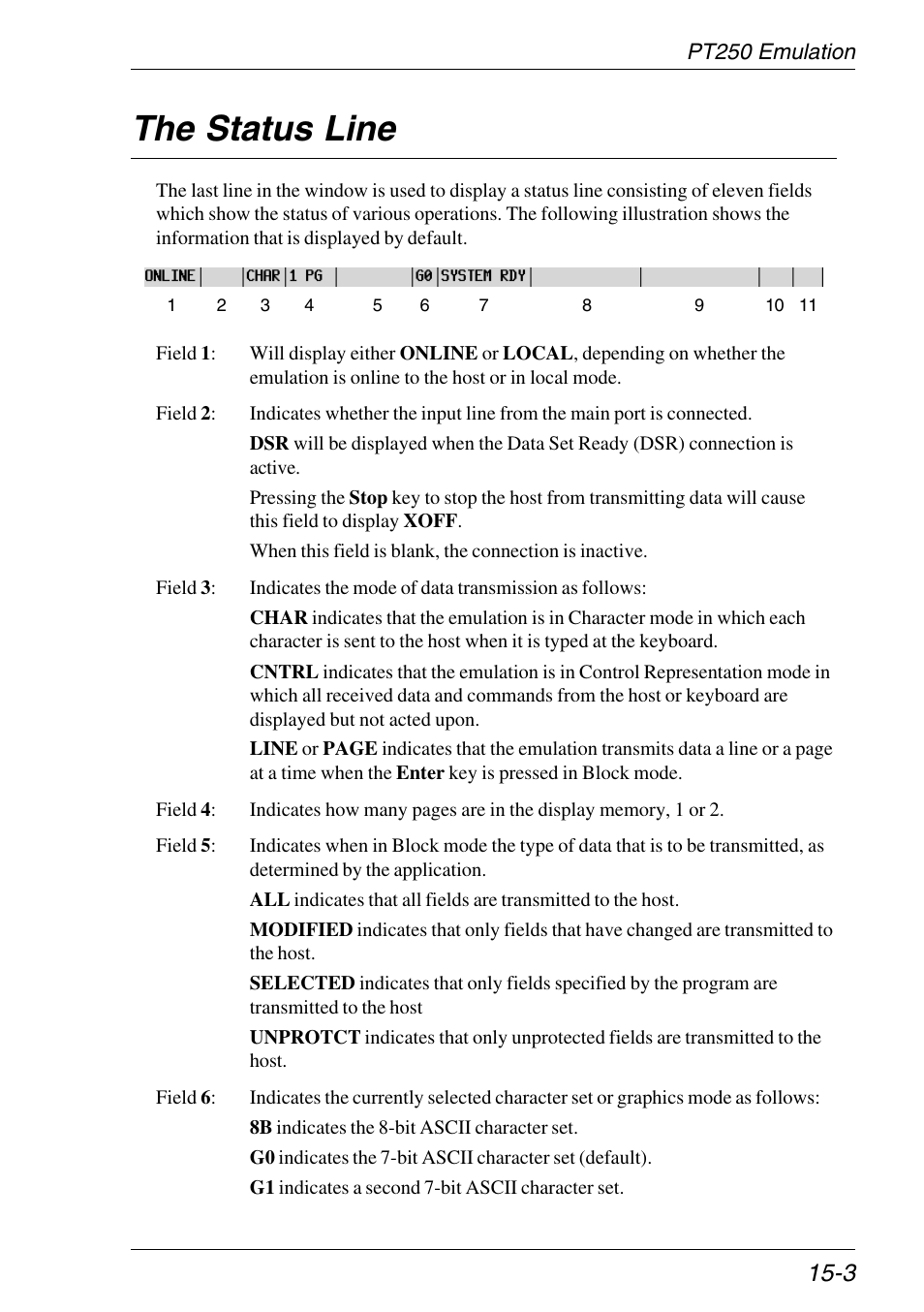The status line, Status line, Pt250 emulation | The status line -3 | HP Neoware e140 Thin Client User Manual | Page 269 / 484