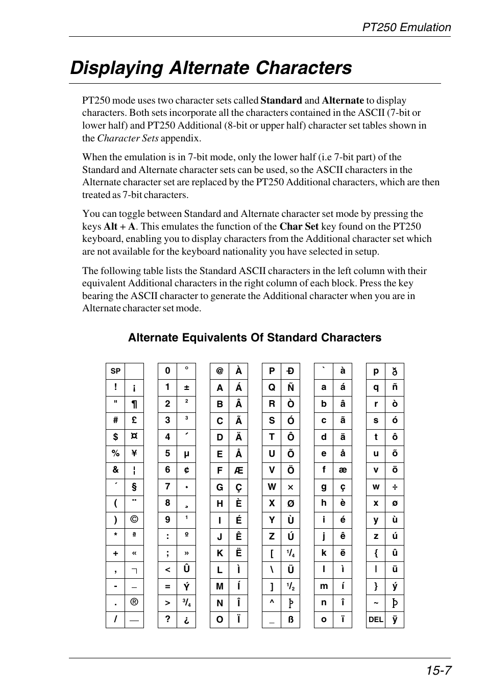 Displaying alternate characters, Displaying alternate characters -7, Pt250 emulation | Alternate equivalents of standard characters | HP Neoware e140 Thin Client User Manual | Page 273 / 484
