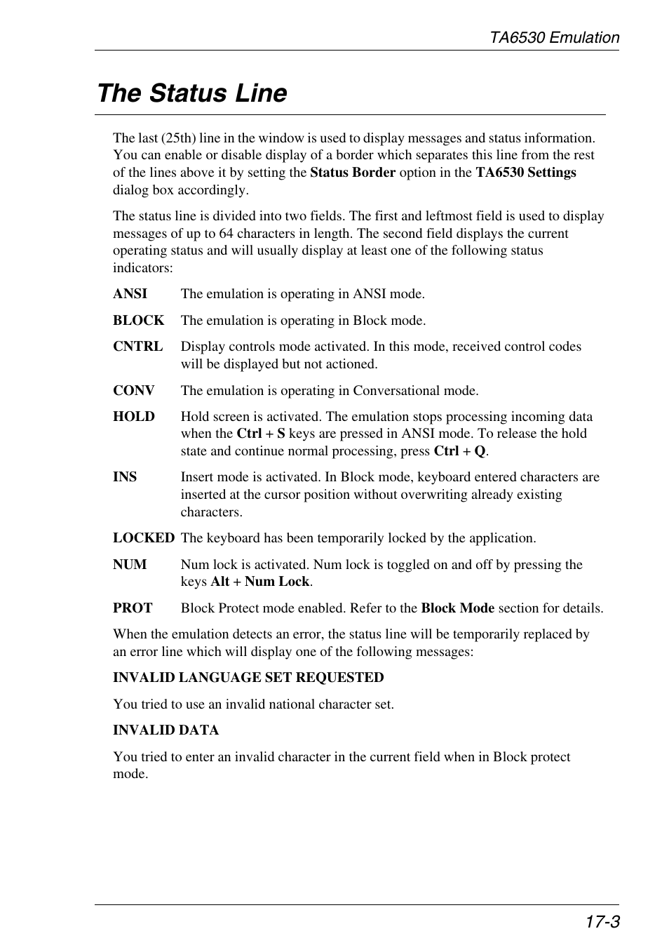 The status line, Ta6530 emulation, Status line | The status line -3 | HP Neoware e140 Thin Client User Manual | Page 281 / 484