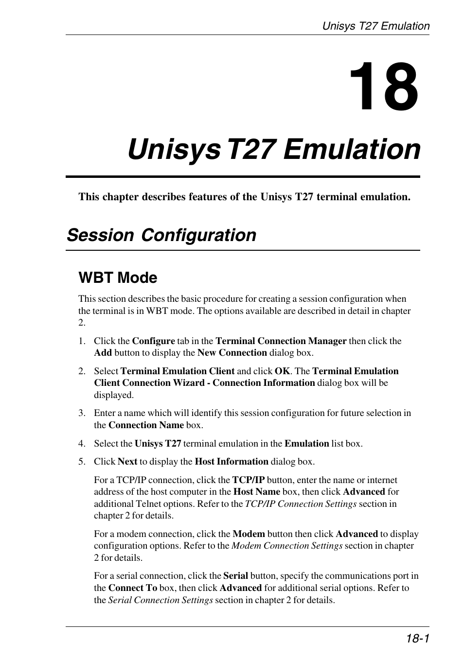 Unisys t27 emulation, Session configuration, Wbt mode | Unisys t27 emulation -1, Session configuration -1, Wbt mode -1 | HP Neoware e140 Thin Client User Manual | Page 285 / 484