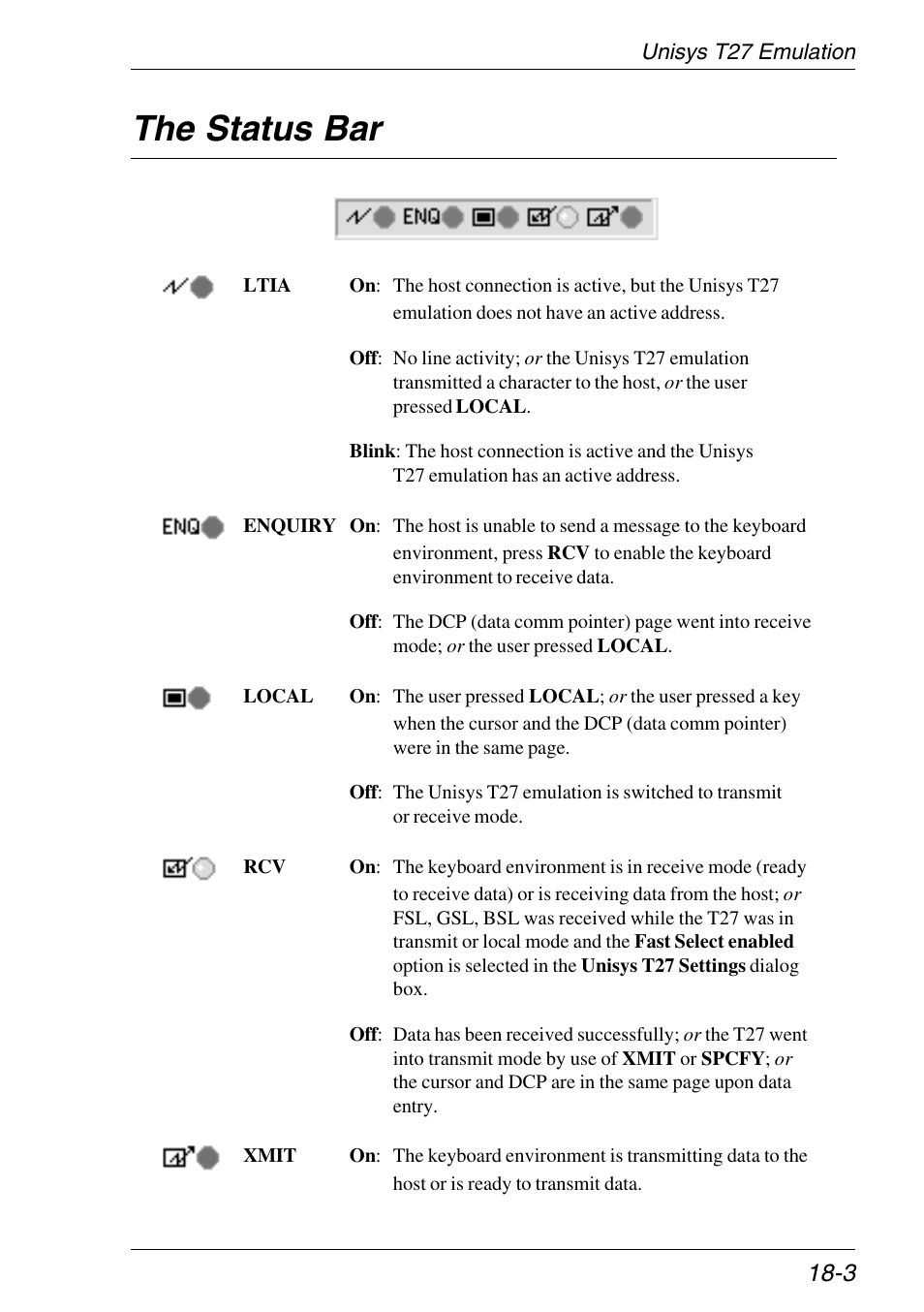 The status bar, Unisys t27 emulation, Status bar | The status bar -3 | HP Neoware e140 Thin Client User Manual | Page 287 / 484