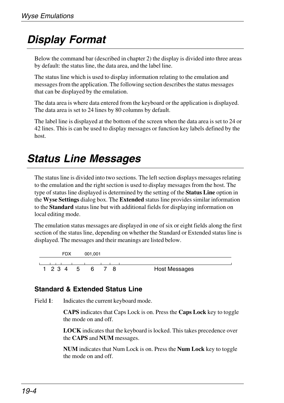 Display format, Status line messages, Wyse emulations | Status line, Display format -4, Status line messages -4 | HP Neoware e140 Thin Client User Manual | Page 294 / 484