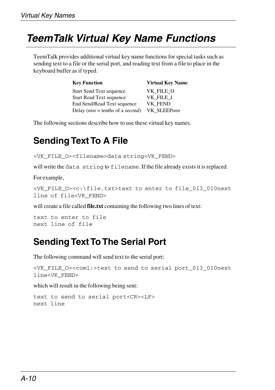 Sending text to, Virtual key names, Serial port functions | Writing text to a file, Teemtalk virtual key name functions, Sending text to a file, Sending text to the serial port | HP Neoware e140 Thin Client User Manual | Page 328 / 484