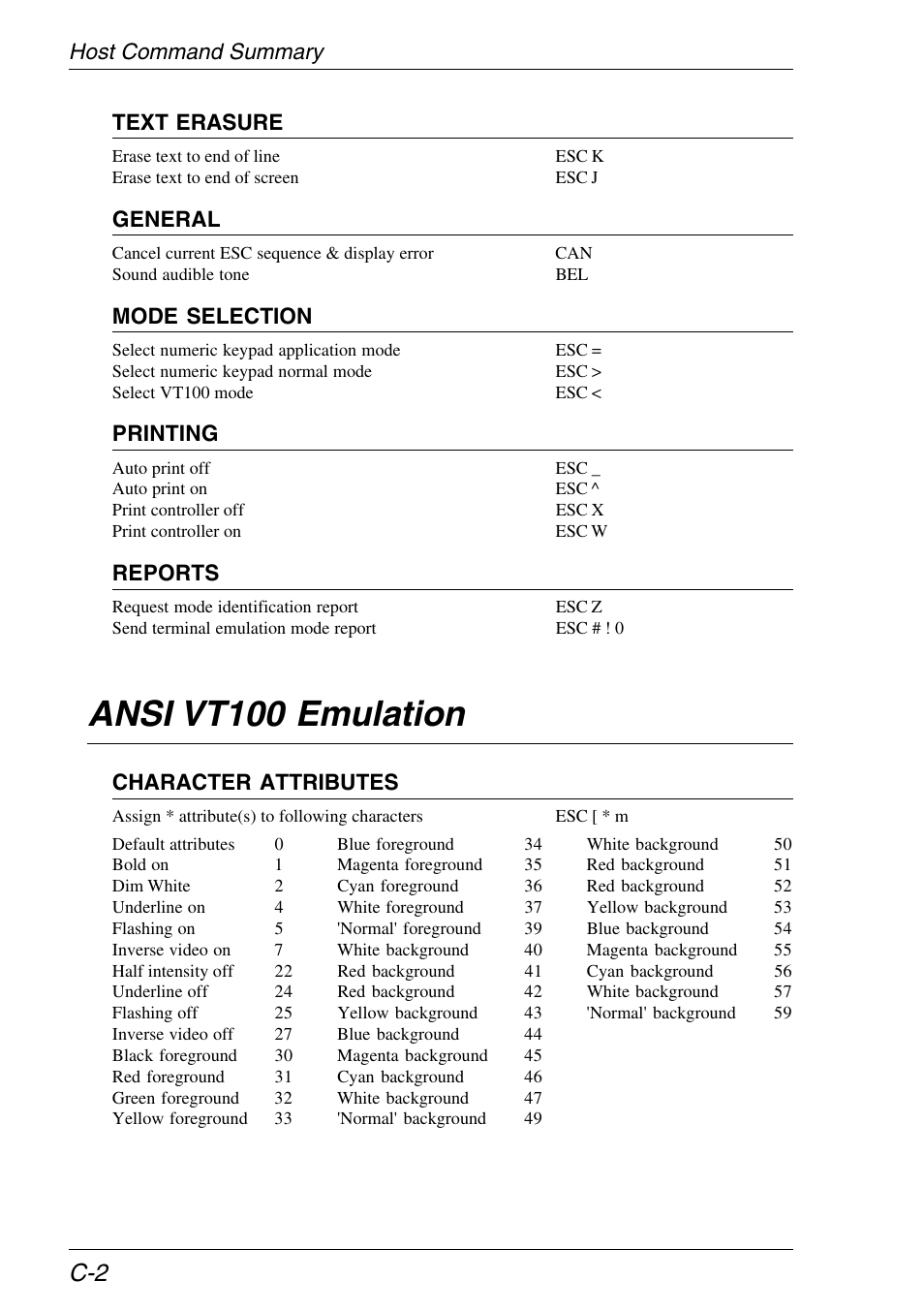Ansi vt100 emulation, Host command summary, Host command summary text erasure | General, Mode selection, Printing, Reports, Character attributes | HP Neoware e140 Thin Client User Manual | Page 372 / 484