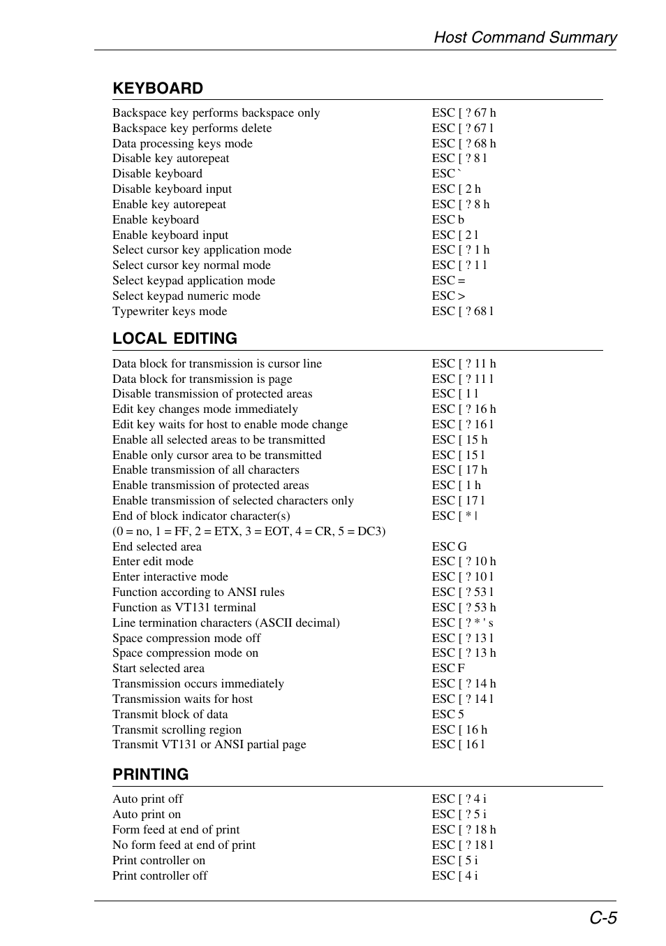 Host command summary keyboard, Local editing, Printing | HP Neoware e140 Thin Client User Manual | Page 375 / 484