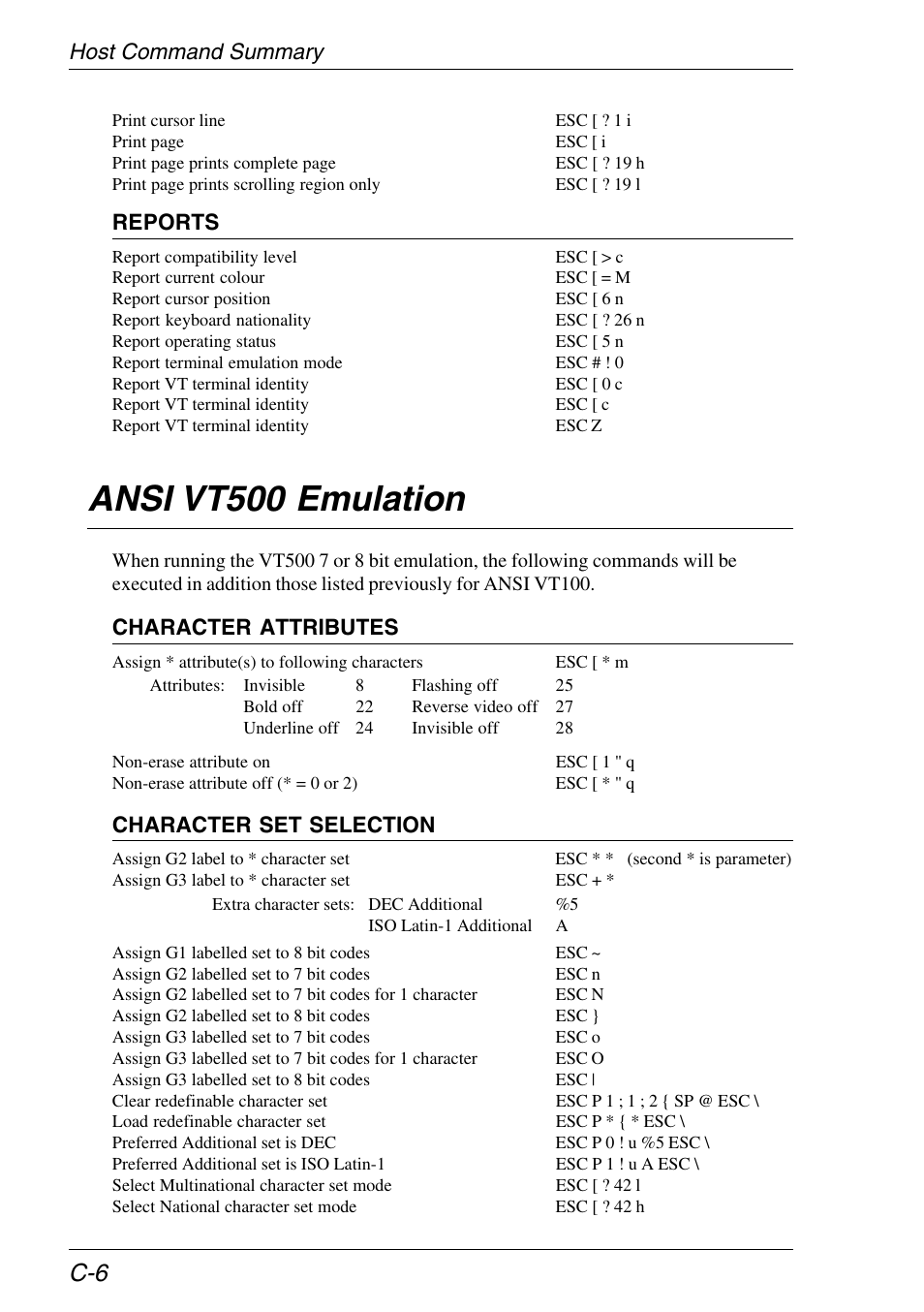 Vt400 emulation, Host command summary, Ansi vt500 emulation | Reports, Character attributes, Character set selection | HP Neoware e140 Thin Client User Manual | Page 376 / 484