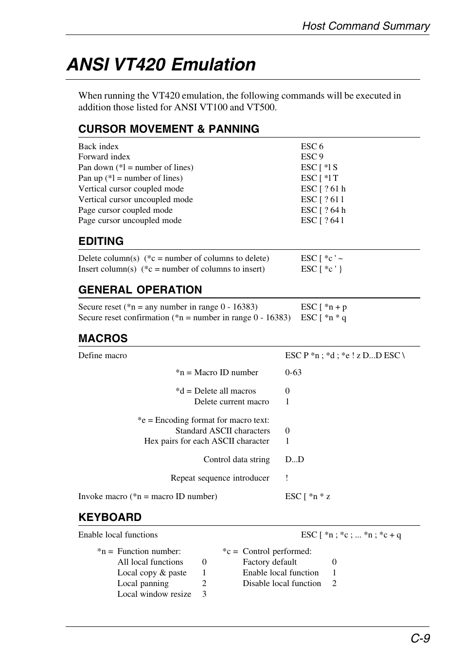 Vt420 emulation, Host command summary, Ansi vt420 emulation | HP Neoware e140 Thin Client User Manual | Page 379 / 484