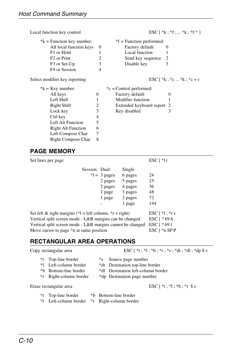 C-10, Host command summary, Rectangular area operations | HP Neoware e140 Thin Client User Manual | Page 380 / 484