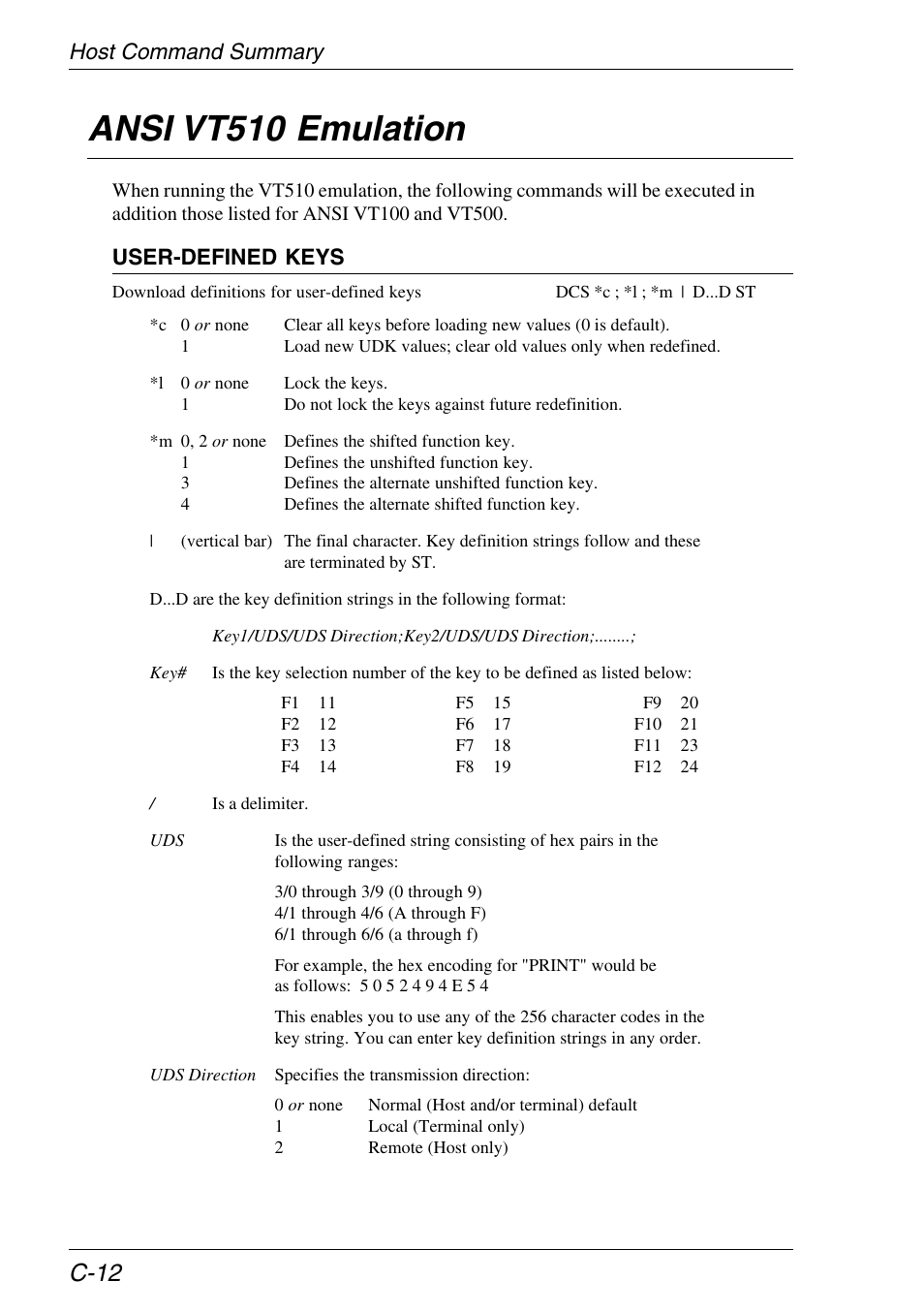 Vt510 emulation, Host command summary, Ansi vt510 emulation | C-12, User-defined keys | HP Neoware e140 Thin Client User Manual | Page 382 / 484
