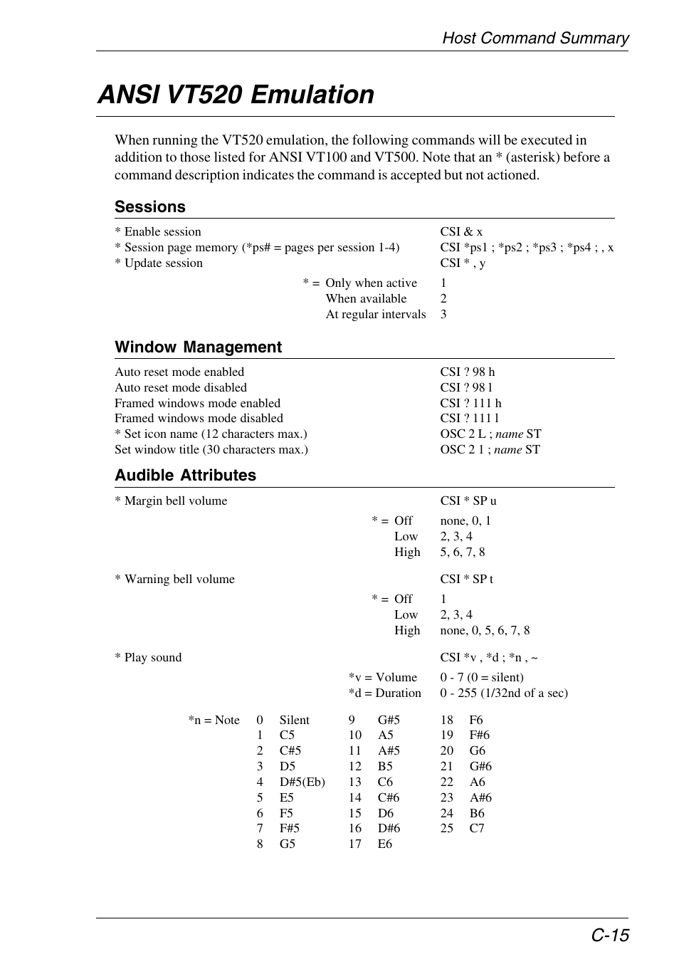 Vt520 emulation, Host command summary, Ansi vt520 emulation | C-15, Sessions, Window management, Audible attributes | HP Neoware e140 Thin Client User Manual | Page 385 / 484