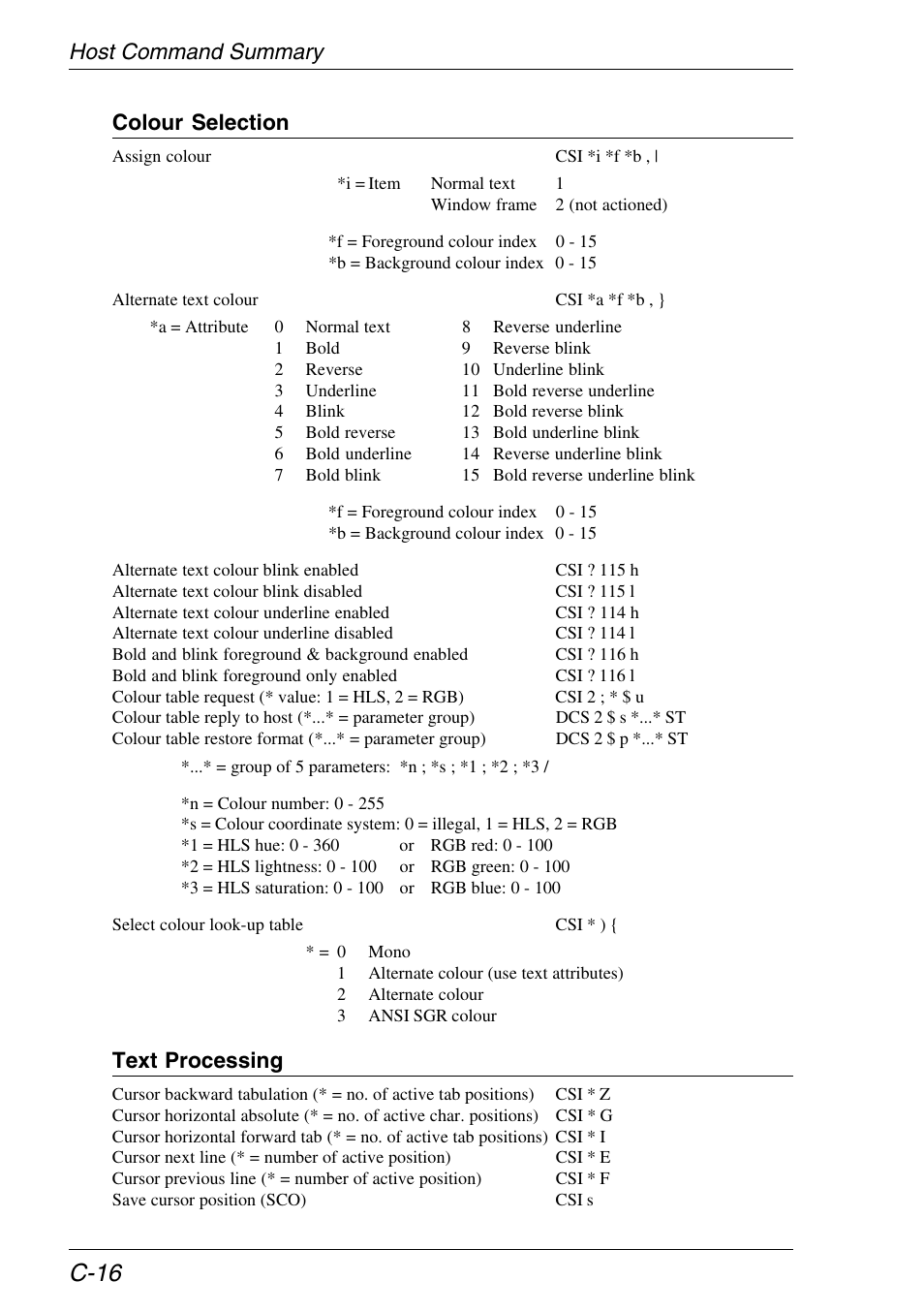 C-16, Host command summary colour selection, Text processing | HP Neoware e140 Thin Client User Manual | Page 386 / 484