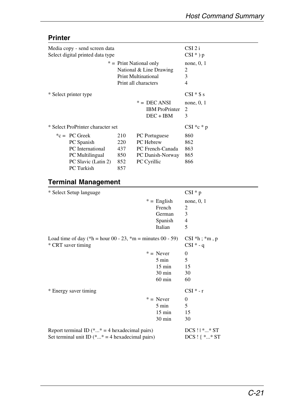 C-21, Host command summary printer, Terminal management | HP Neoware e140 Thin Client User Manual | Page 391 / 484