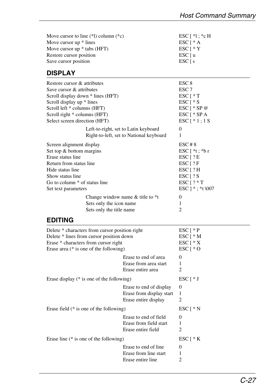 C-27, Host command summary, Display | Editing | HP Neoware e140 Thin Client User Manual | Page 397 / 484