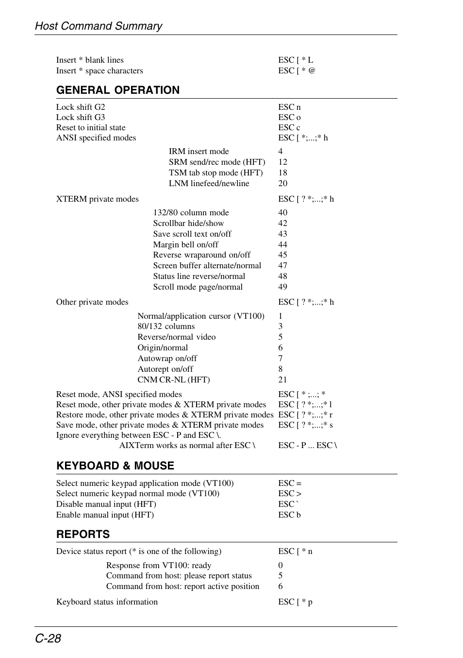 C-28, Host command summary, General operation | Keyboard & mouse, Reports | HP Neoware e140 Thin Client User Manual | Page 398 / 484