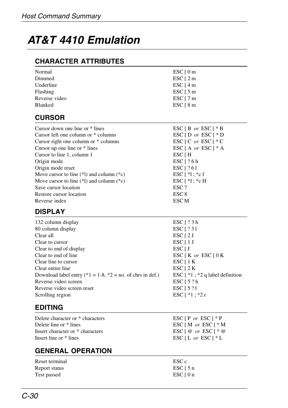 Host command summary, At&t 4410 emulation, C-30 | HP Neoware e140 Thin Client User Manual | Page 400 / 484