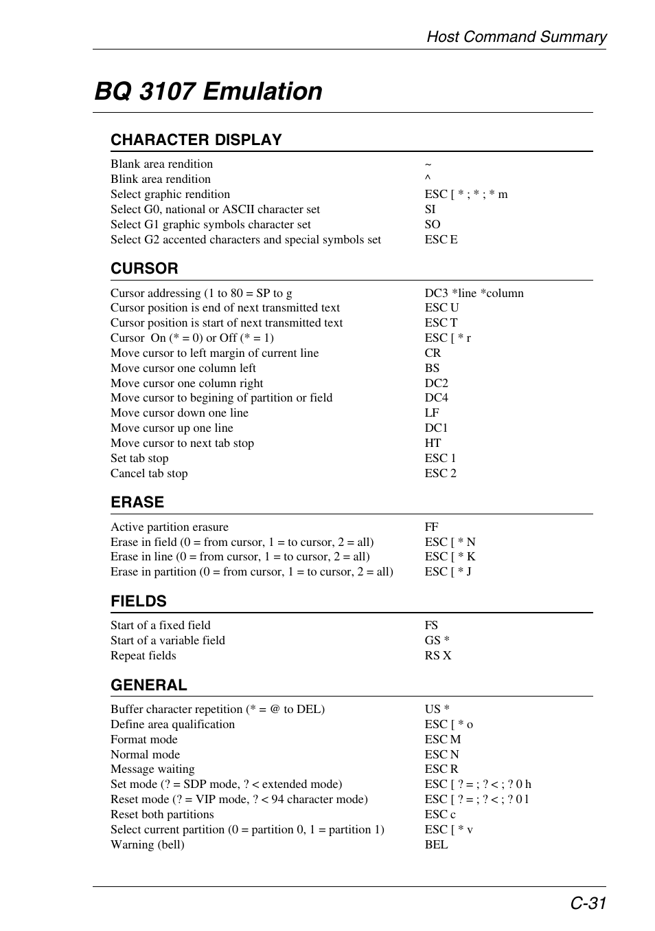 Host command summary, Bq 3107 emulation, C-31 | HP Neoware e140 Thin Client User Manual | Page 401 / 484