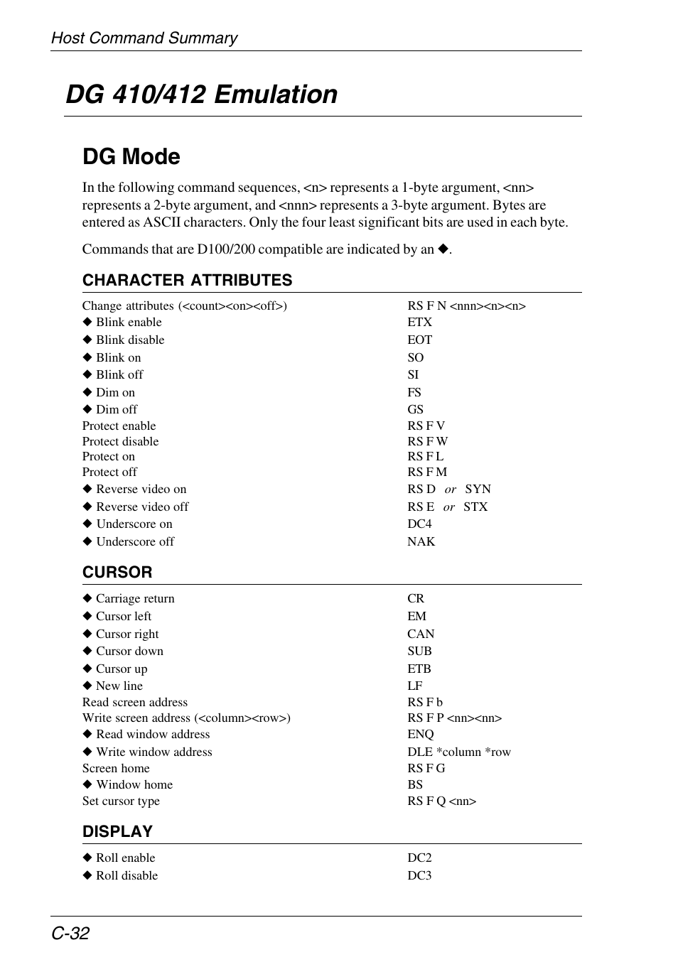Host command summary, Dg 410/412 emulation, Dg mode | C-32 | HP Neoware e140 Thin Client User Manual | Page 402 / 484
