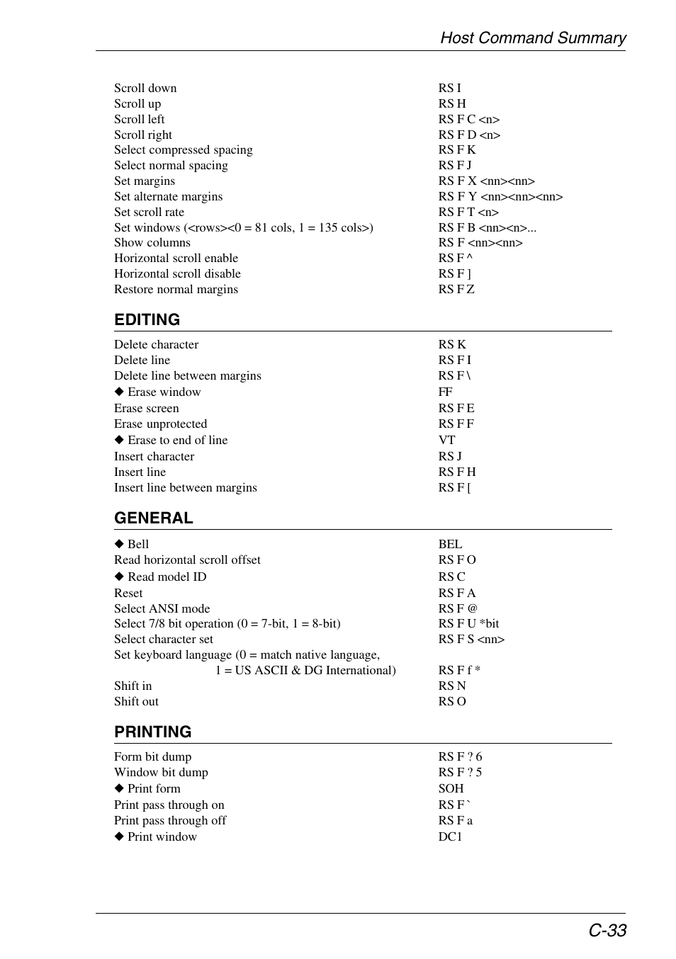 C-33, Host command summary, Editing | General, Printing | HP Neoware e140 Thin Client User Manual | Page 403 / 484