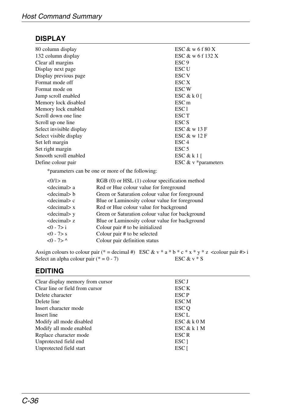 C-36, Host command summary display, Editing | HP Neoware e140 Thin Client User Manual | Page 406 / 484