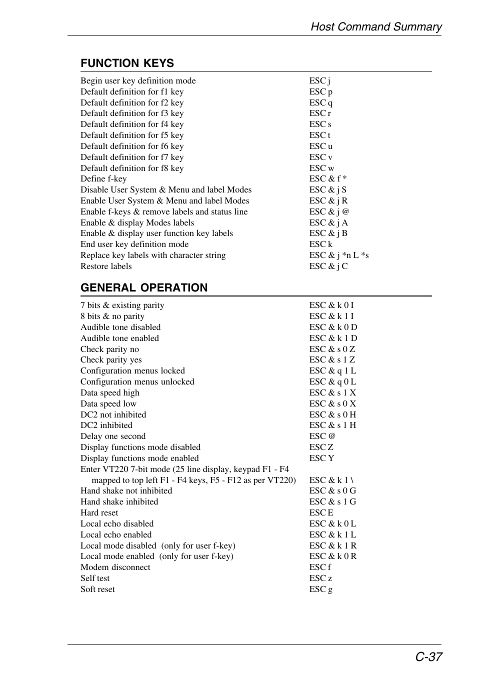 C-37, Host command summary function keys, General operation | HP Neoware e140 Thin Client User Manual | Page 407 / 484