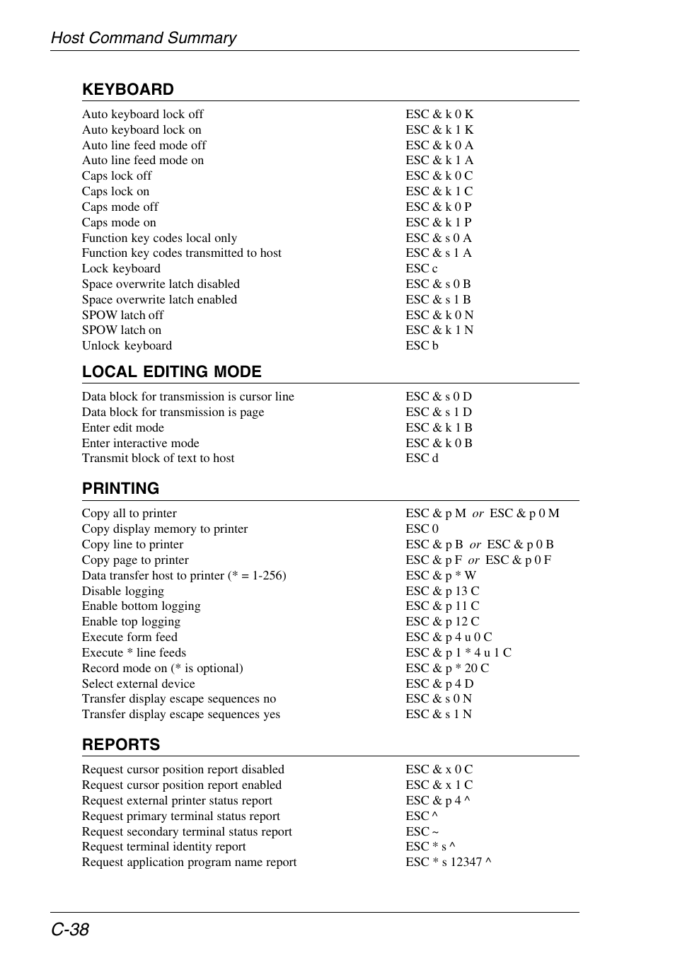 C-38, Host command summary keyboard, Local editing mode | Printing, Reports | HP Neoware e140 Thin Client User Manual | Page 408 / 484