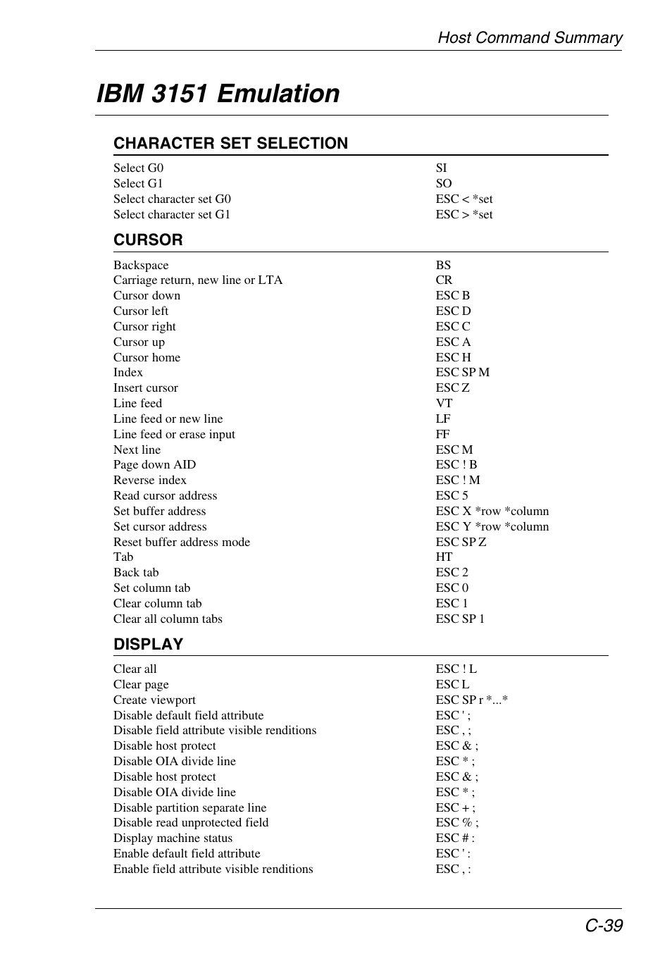 Ibm 3151 emulation, Host command summary, C-39 | Character set selection, Cursor, Display | HP Neoware e140 Thin Client User Manual | Page 409 / 484