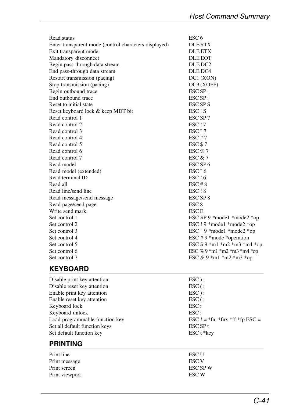 C-41, Host command summary, Keyboard | Printing | HP Neoware e140 Thin Client User Manual | Page 411 / 484