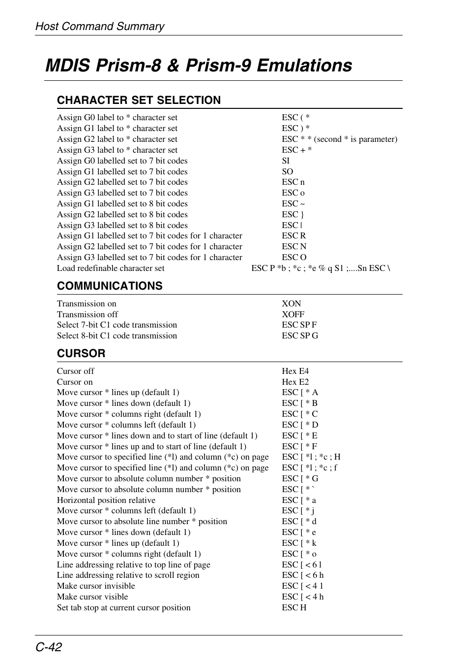 Mdis prism-8 emulation, Mdis prism-9 emulation, Host command summary | Mdis prism-8 & prism-9 emulations, C-42, Character set selection, Communications, Cursor | HP Neoware e140 Thin Client User Manual | Page 412 / 484