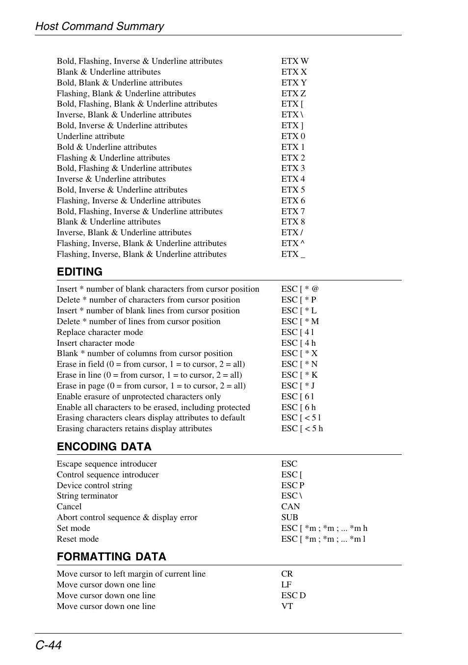C-44, Host command summary, Editing | Encoding data, Formatting data | HP Neoware e140 Thin Client User Manual | Page 414 / 484