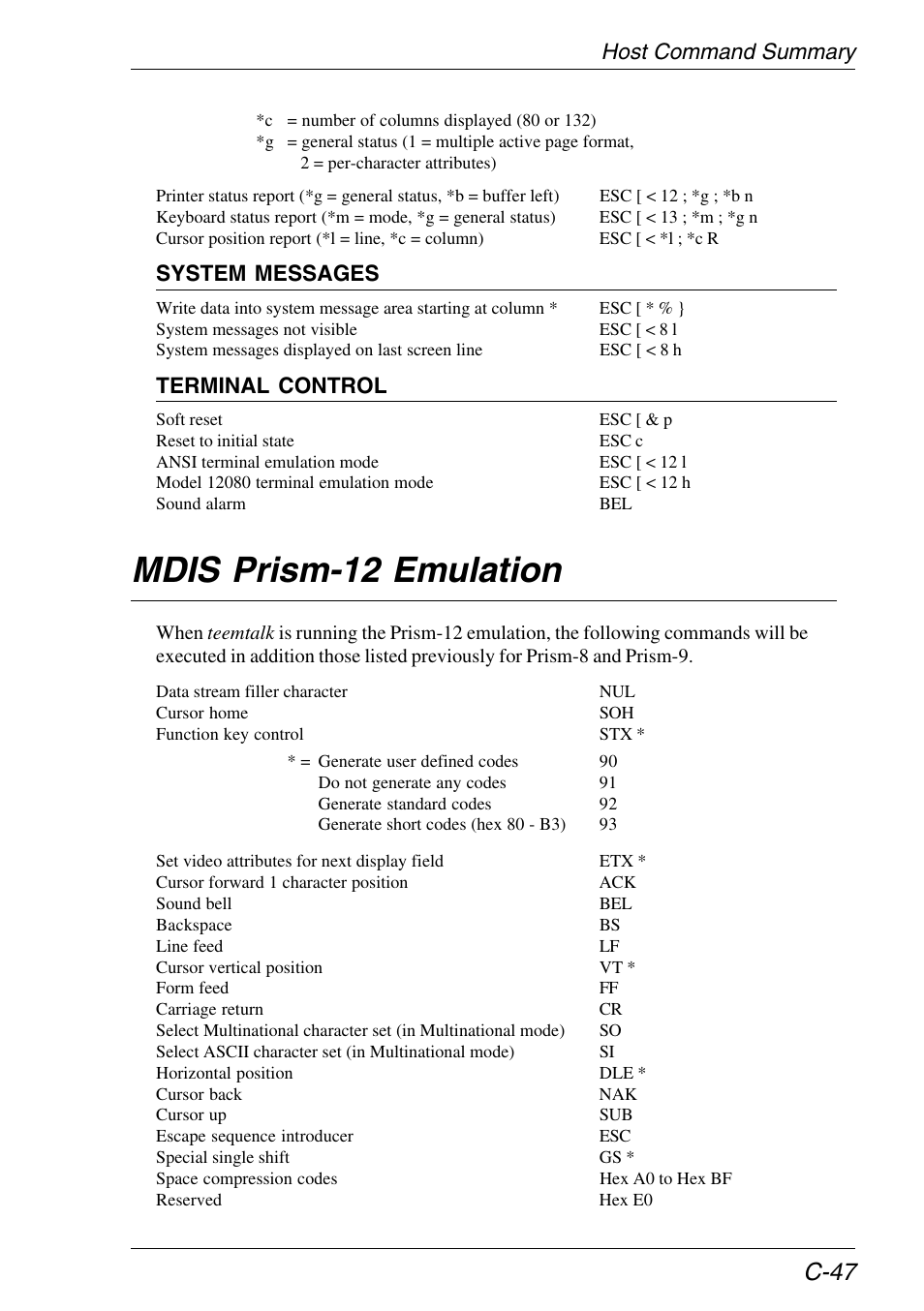 Mdis prism-12 emulation, Host command summary, C-47 | System messages, Terminal control | HP Neoware e140 Thin Client User Manual | Page 417 / 484
