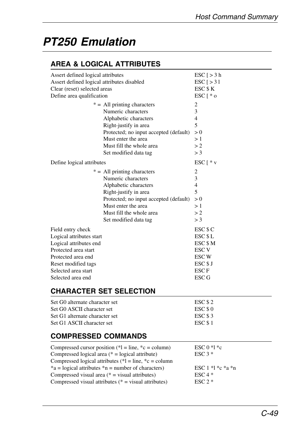 Pt250 emulation, Host command summary, C-49 | Area & logical attributes, Character set selection, Compressed commands | HP Neoware e140 Thin Client User Manual | Page 419 / 484