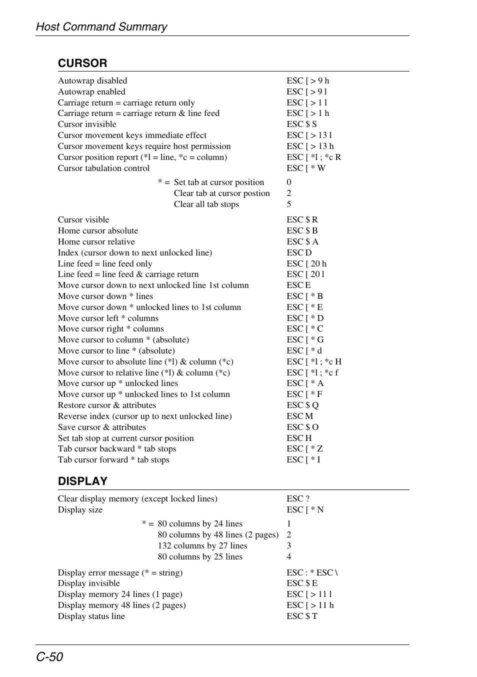 C-50, Host command summary cursor, Display | HP Neoware e140 Thin Client User Manual | Page 420 / 484