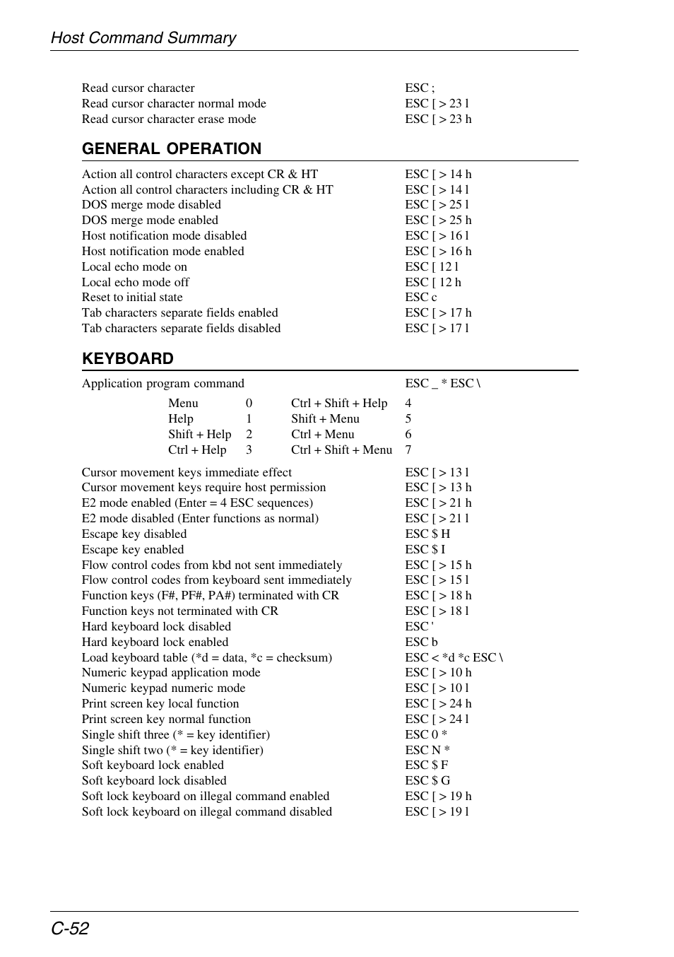 C-52, Host command summary, General operation | Keyboard | HP Neoware e140 Thin Client User Manual | Page 422 / 484