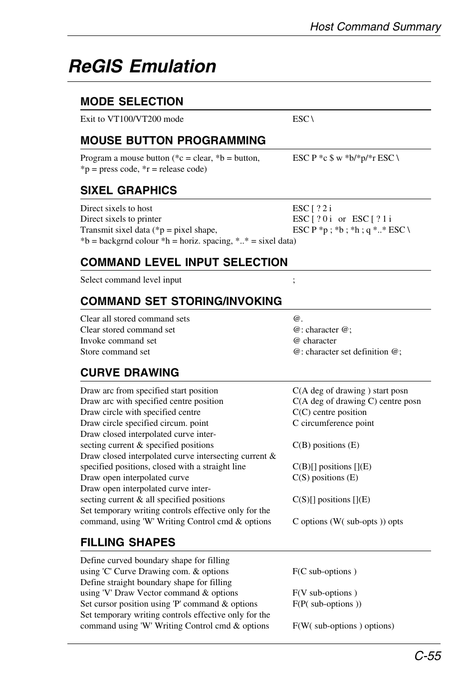 Regis emulation, Host command summary, C-55 | HP Neoware e140 Thin Client User Manual | Page 425 / 484