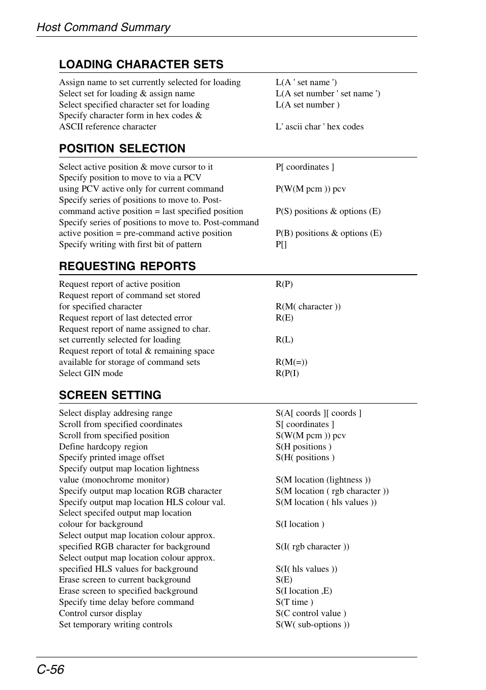 C-56, Host command summary loading character sets, Position selection | Requesting reports, Screen setting | HP Neoware e140 Thin Client User Manual | Page 426 / 484