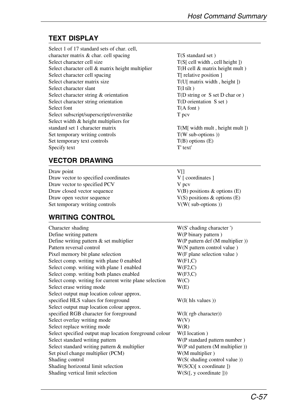 C-57, Host command summary text display, Vector drawing | Writing control | HP Neoware e140 Thin Client User Manual | Page 427 / 484