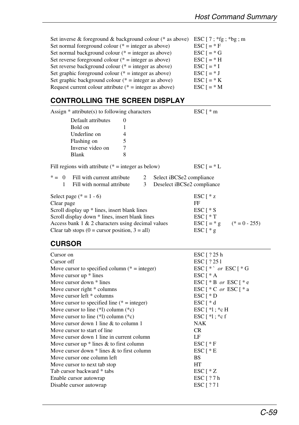 C-59, Host command summary, Controlling the screen display | Cursor | HP Neoware e140 Thin Client User Manual | Page 429 / 484