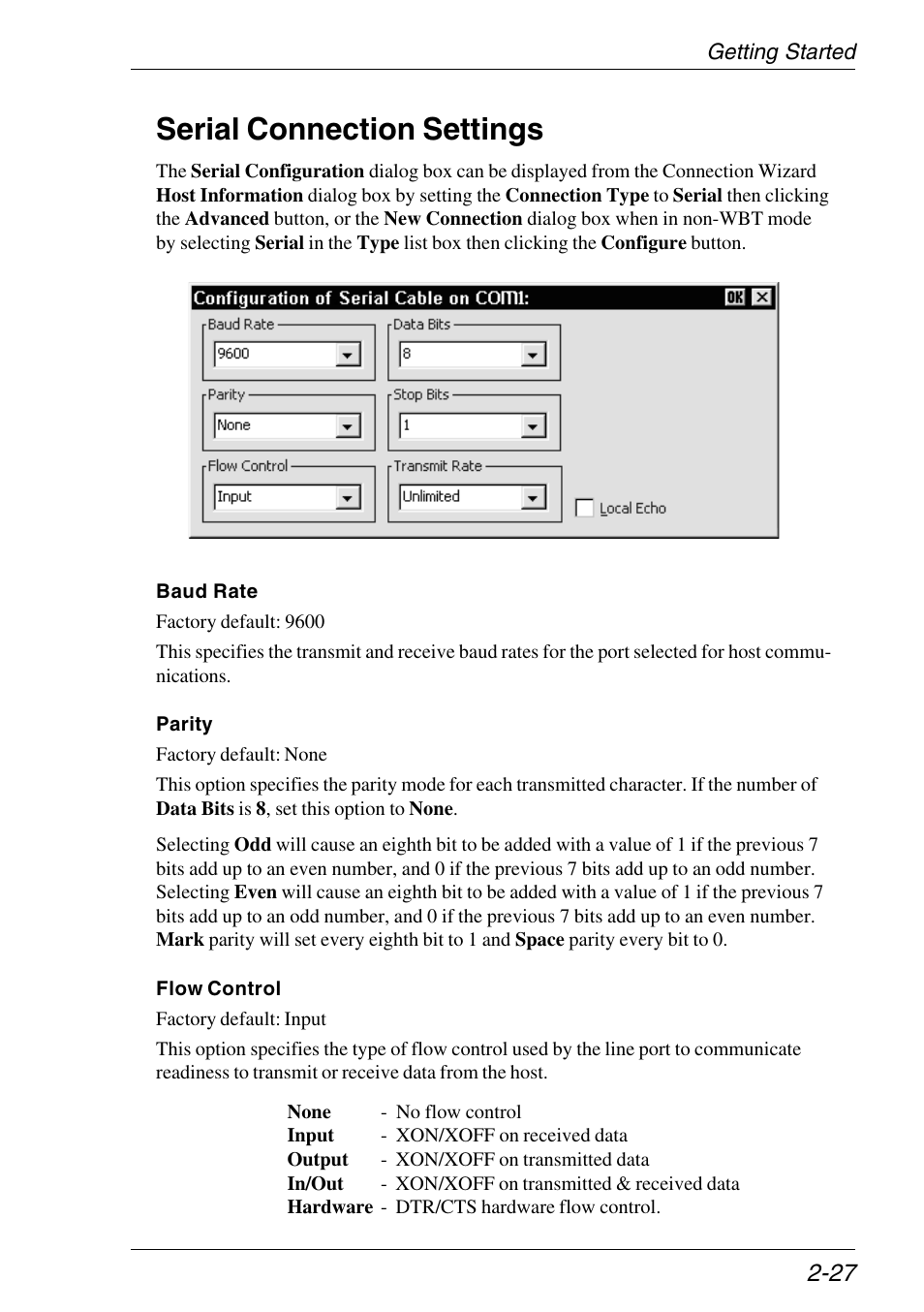 Serial connection settings, Baud rate selection, Flow control | Parity selection, Serial connection settings -27 | HP Neoware e140 Thin Client User Manual | Page 43 / 484