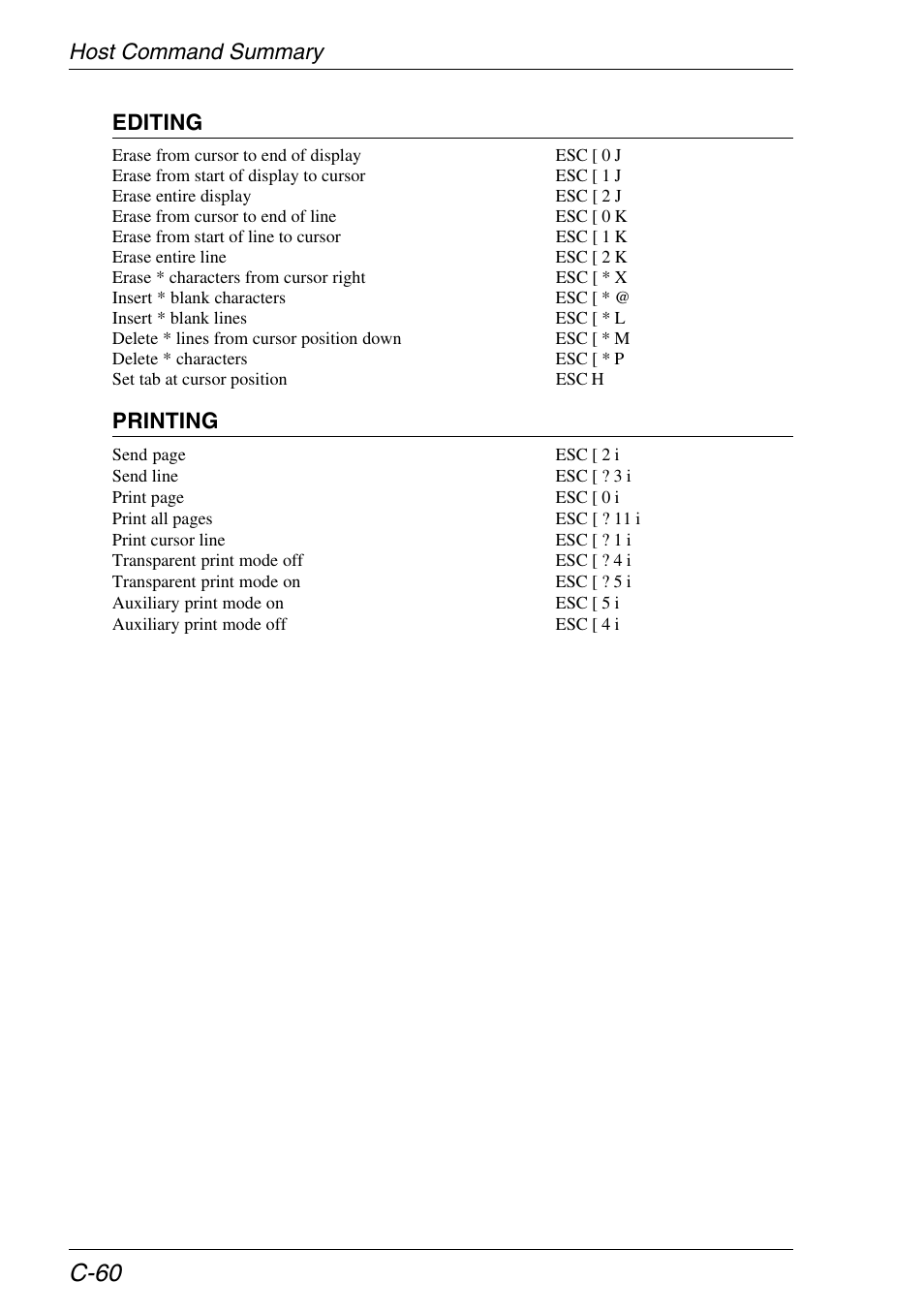 C-60, Host command summary editing, Printing | HP Neoware e140 Thin Client User Manual | Page 430 / 484