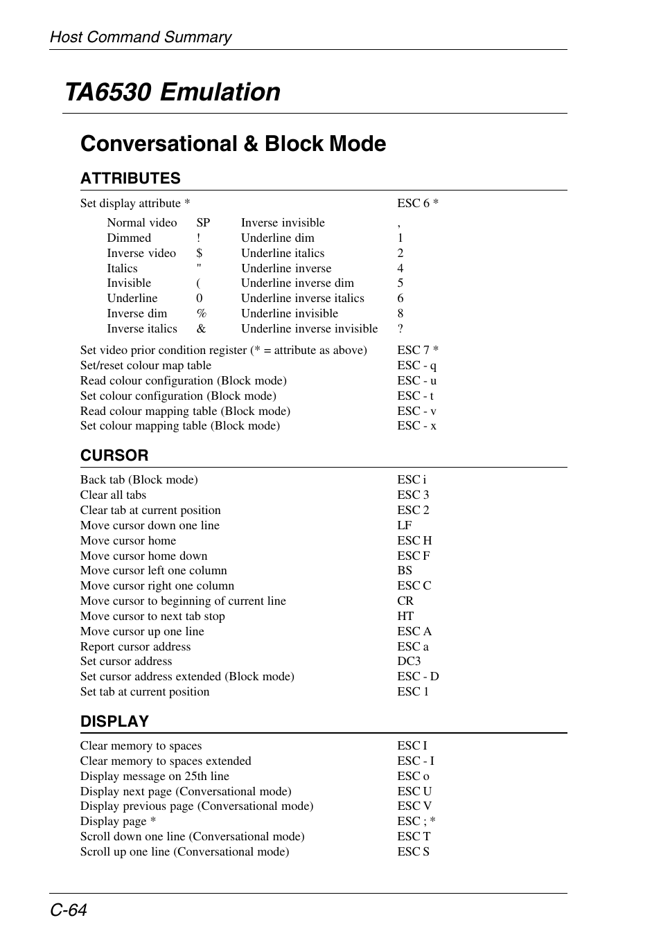 Ta6530 emulation, Host command summary, Conversational & block mode | C-64, Attributes, Cursor, Display | HP Neoware e140 Thin Client User Manual | Page 434 / 484