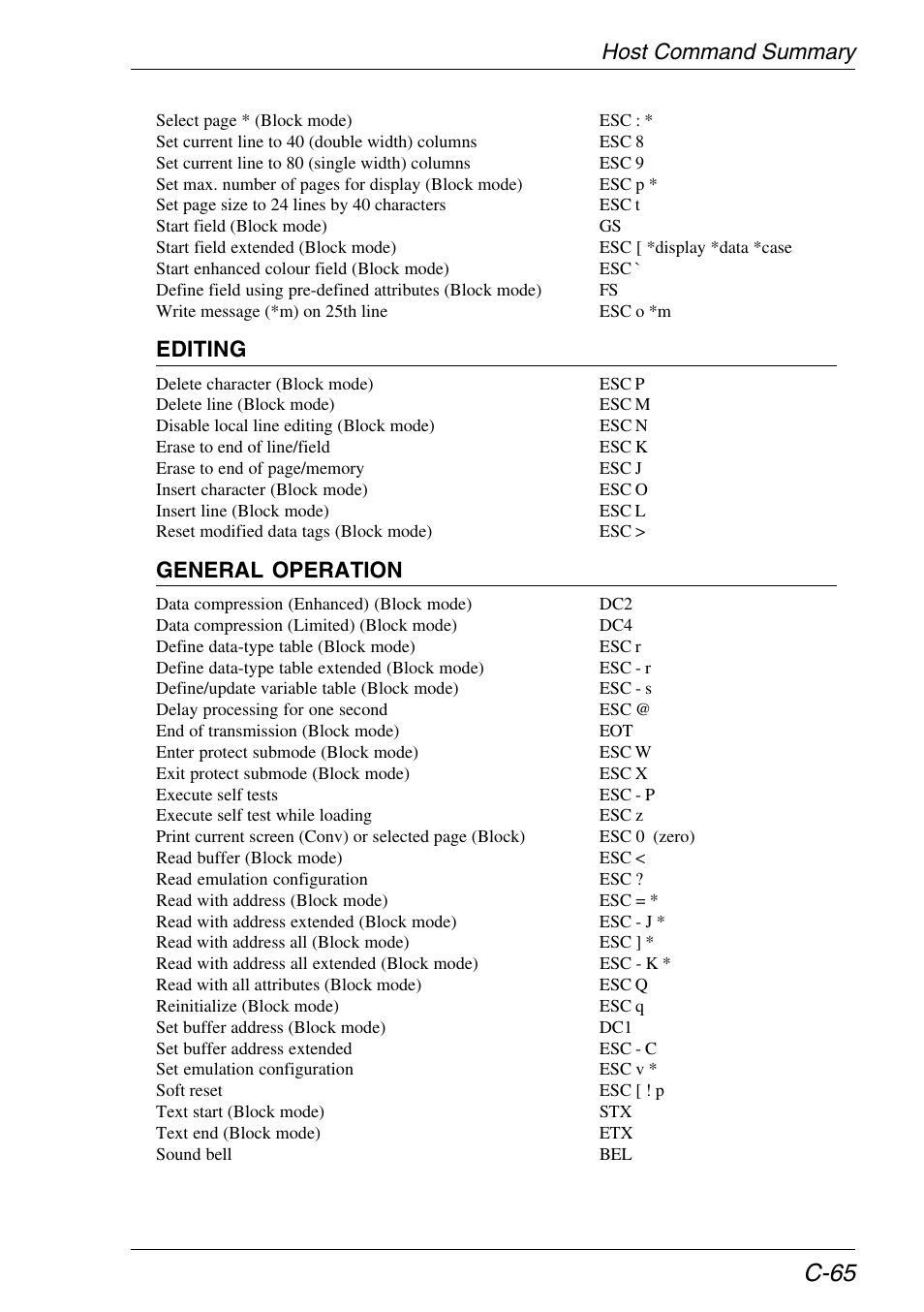 C-65, Host command summary, Editing | General operation | HP Neoware e140 Thin Client User Manual | Page 435 / 484