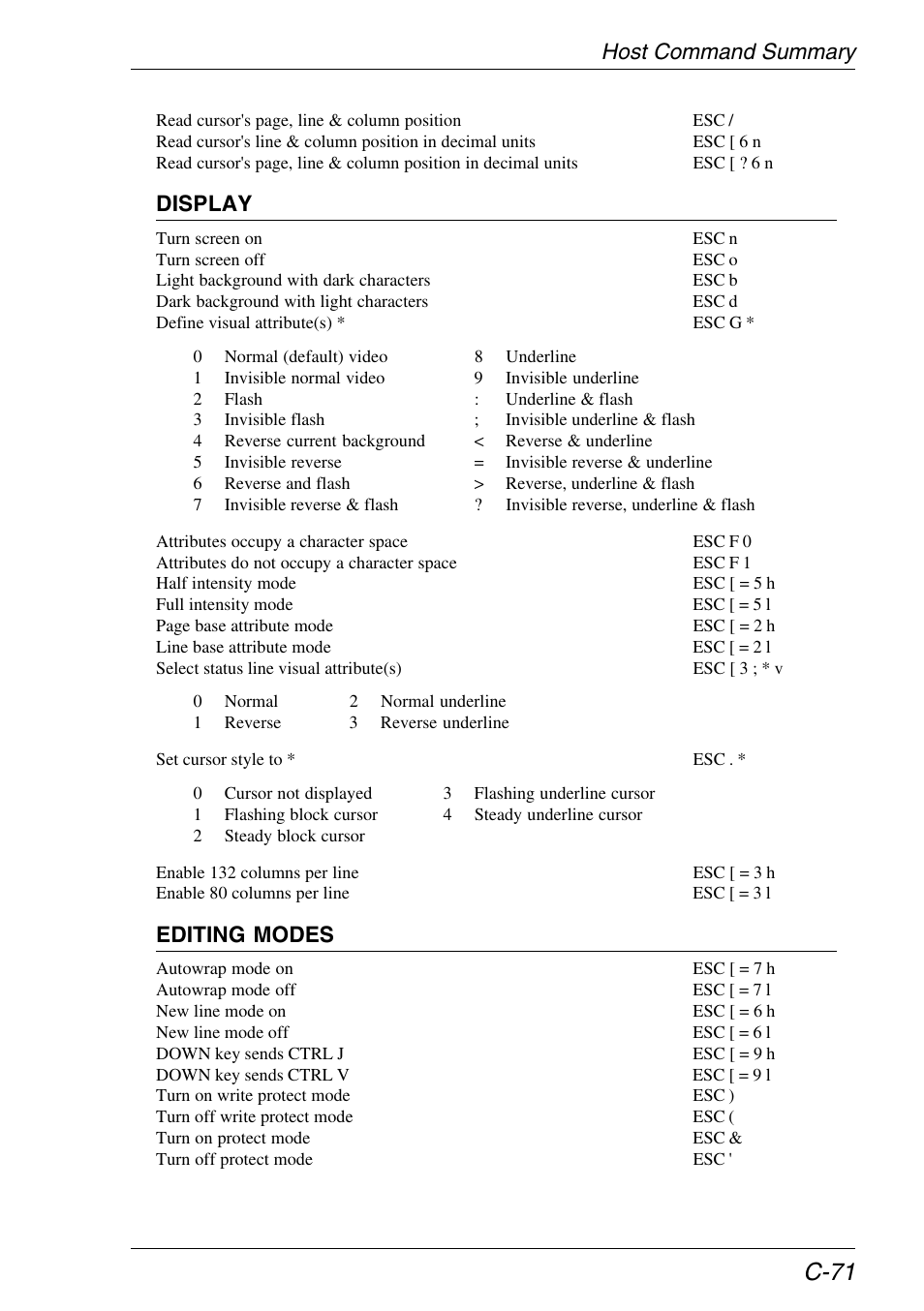 C-71, Host command summary, Display | Editing modes | HP Neoware e140 Thin Client User Manual | Page 441 / 484