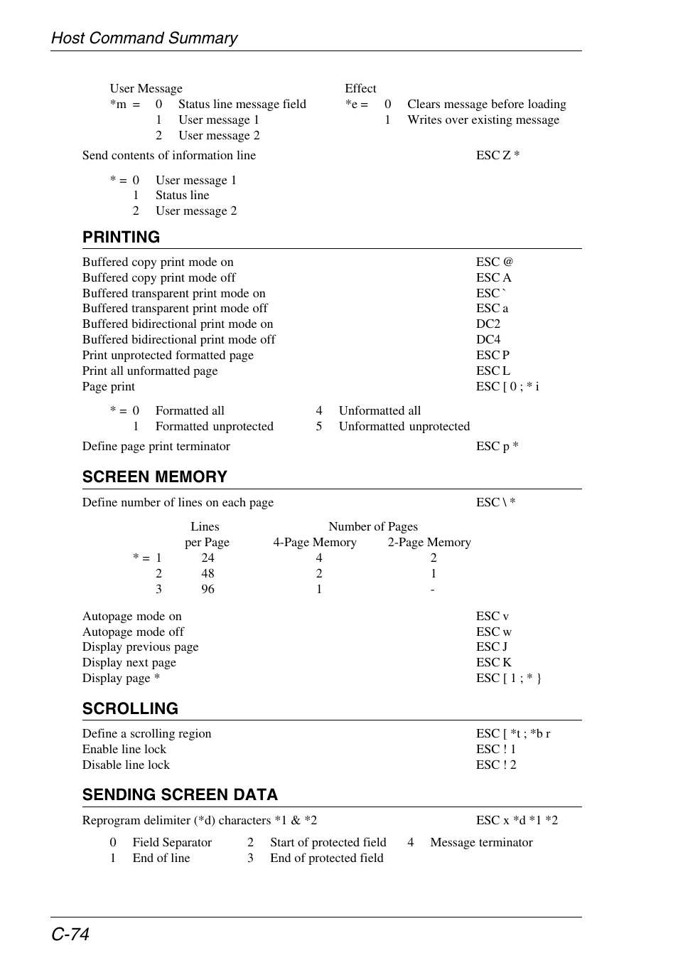 C-74, Host command summary, Printing | Scrolling, Sending screen data | HP Neoware e140 Thin Client User Manual | Page 444 / 484