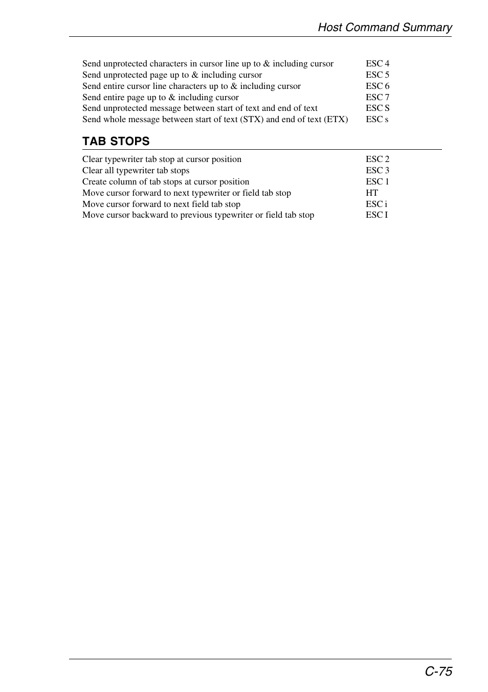 C-75, Host command summary, Tab stops | HP Neoware e140 Thin Client User Manual | Page 445 / 484