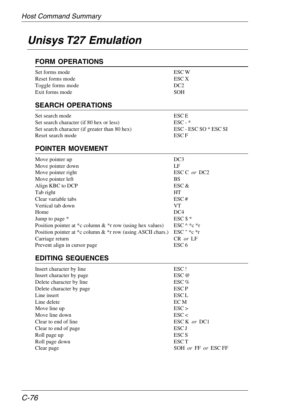 Unisys t27 emulation, Host command summary, C-76 | HP Neoware e140 Thin Client User Manual | Page 446 / 484