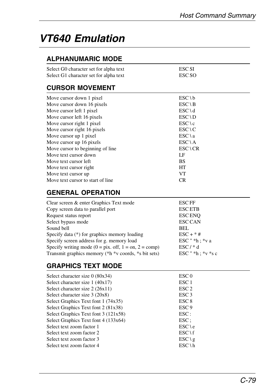 Vt640 emulation, Host command summary, C-79 | Alphanumaric mode, Cursor movement, General operation, Graphics text mode | HP Neoware e140 Thin Client User Manual | Page 449 / 484