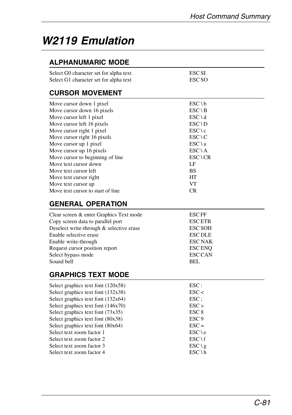 W2119 emulation, Host command summary, C-81 | HP Neoware e140 Thin Client User Manual | Page 451 / 484