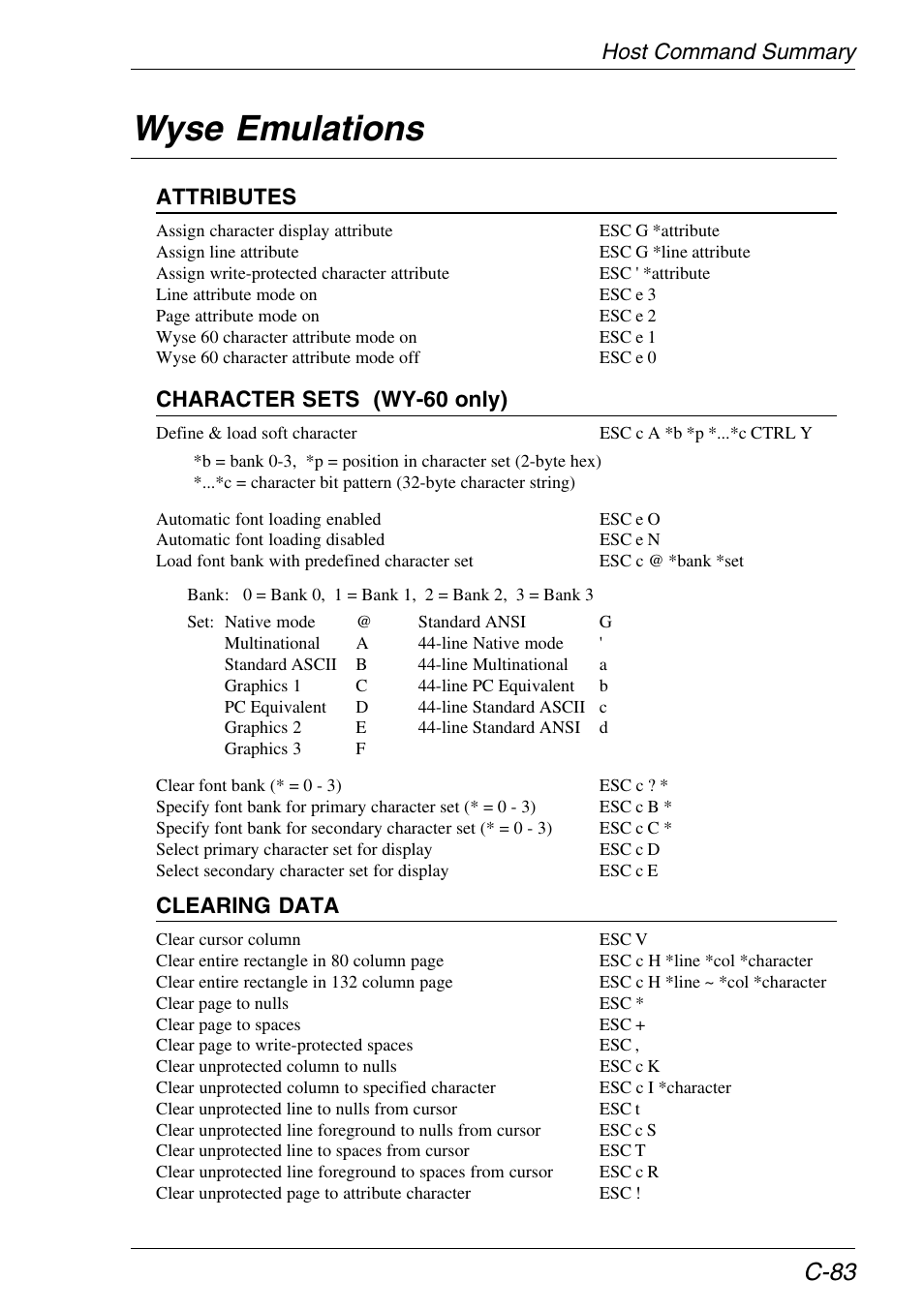 Wyse emulations, Host command summary, C-83 | Attributes, Character sets (wy-60 only), Clearing data | HP Neoware e140 Thin Client User Manual | Page 453 / 484